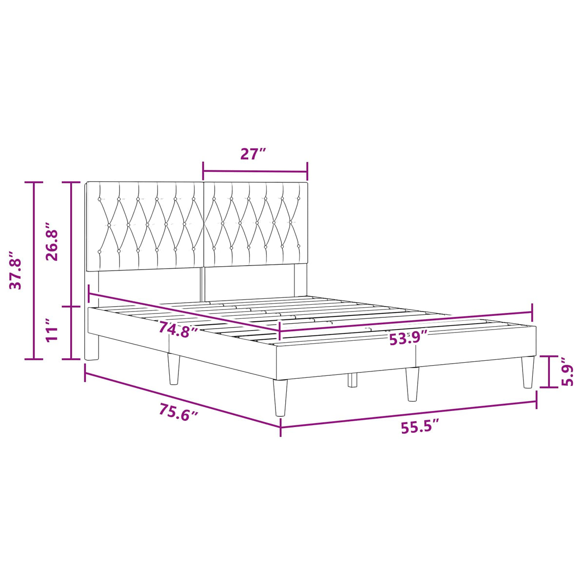 Bed Frame with Headboard Dark Grey 137 x 190 cm Velvet