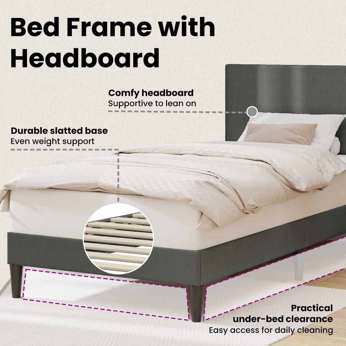 Bed Frame with Headboard Dark Grey 107 x 203 cm Corduroy Fabric