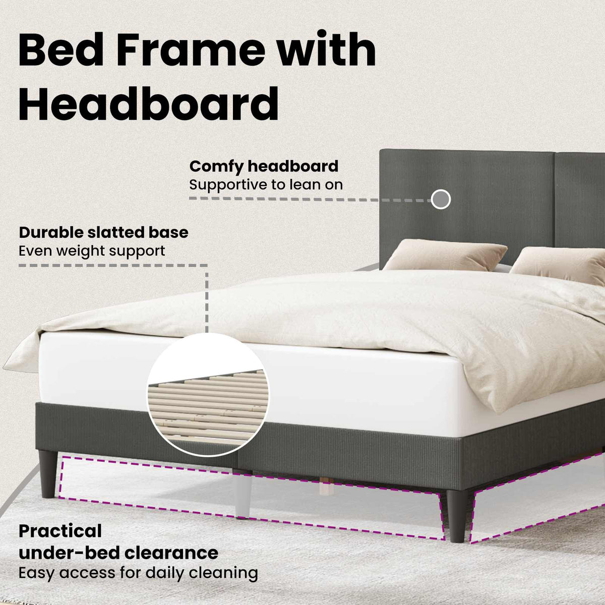 Bed Frame with Headboard Dark Grey 153 x 203 cm Corduroy Fabric