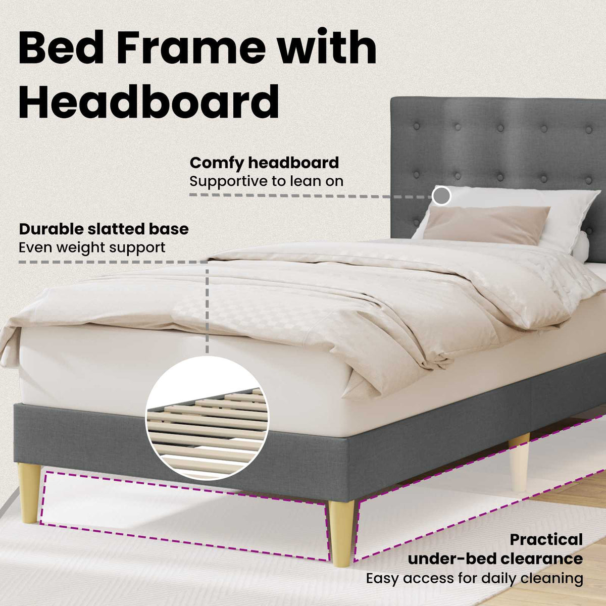 Bed Frame with Headboard Dark Grey 107 x 203 cm Fabric
