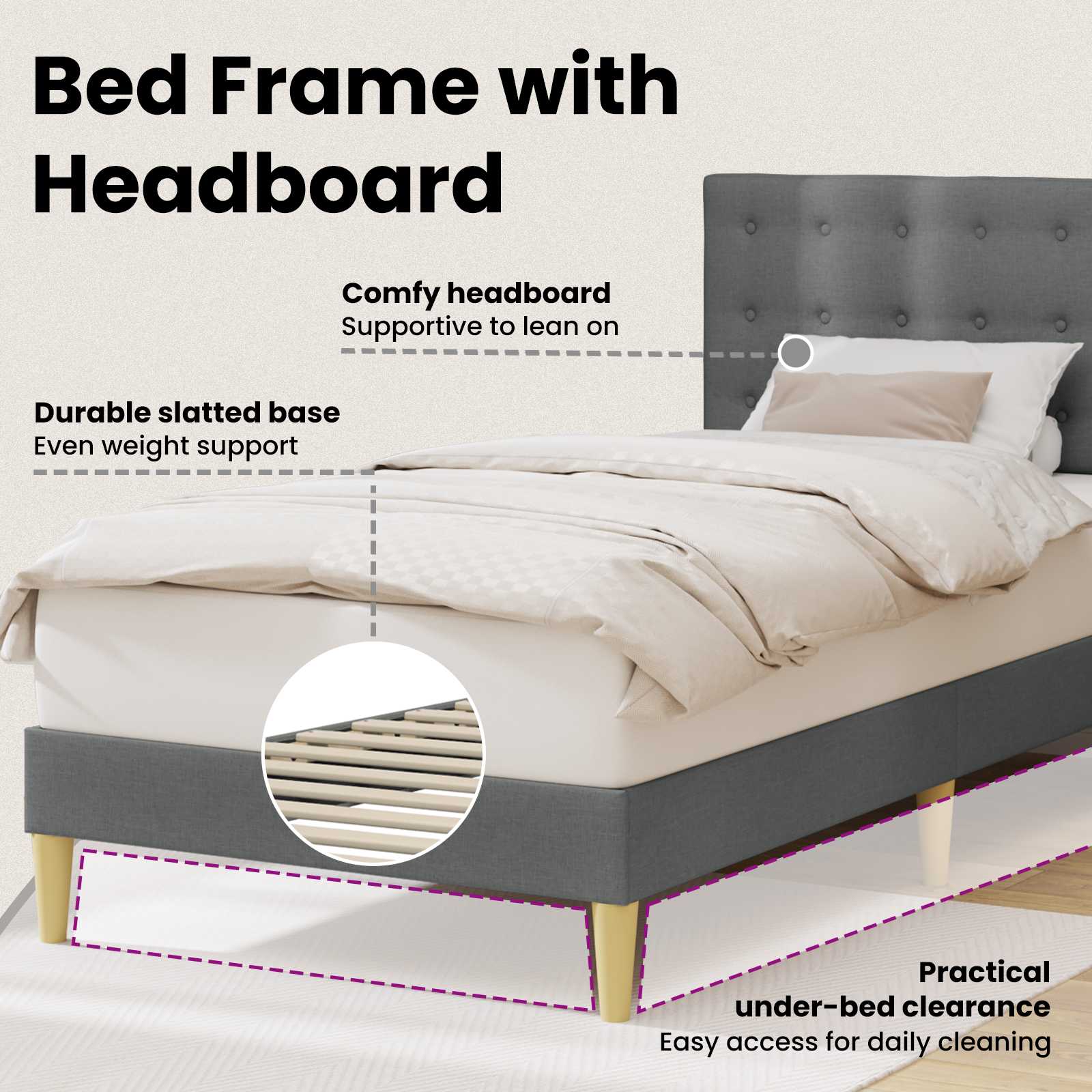 Bed Frame with Headboard Dark Grey 107 x 203 cm Fabric
