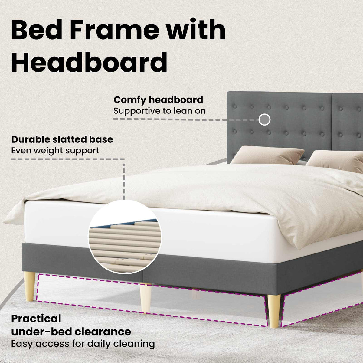 Bed Frame with Headboard Dark Grey 137 x 190 cm Fabric
