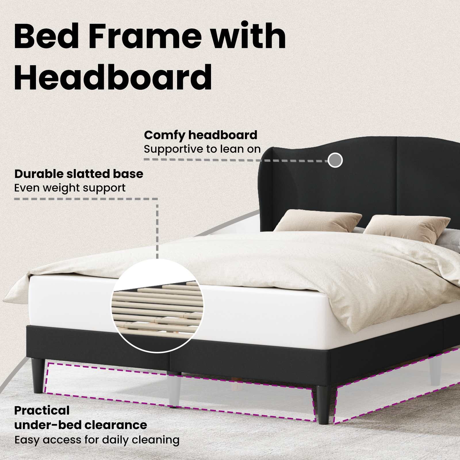 Bed Frame with Headboard Black 152 x 203 cm Faux Leather