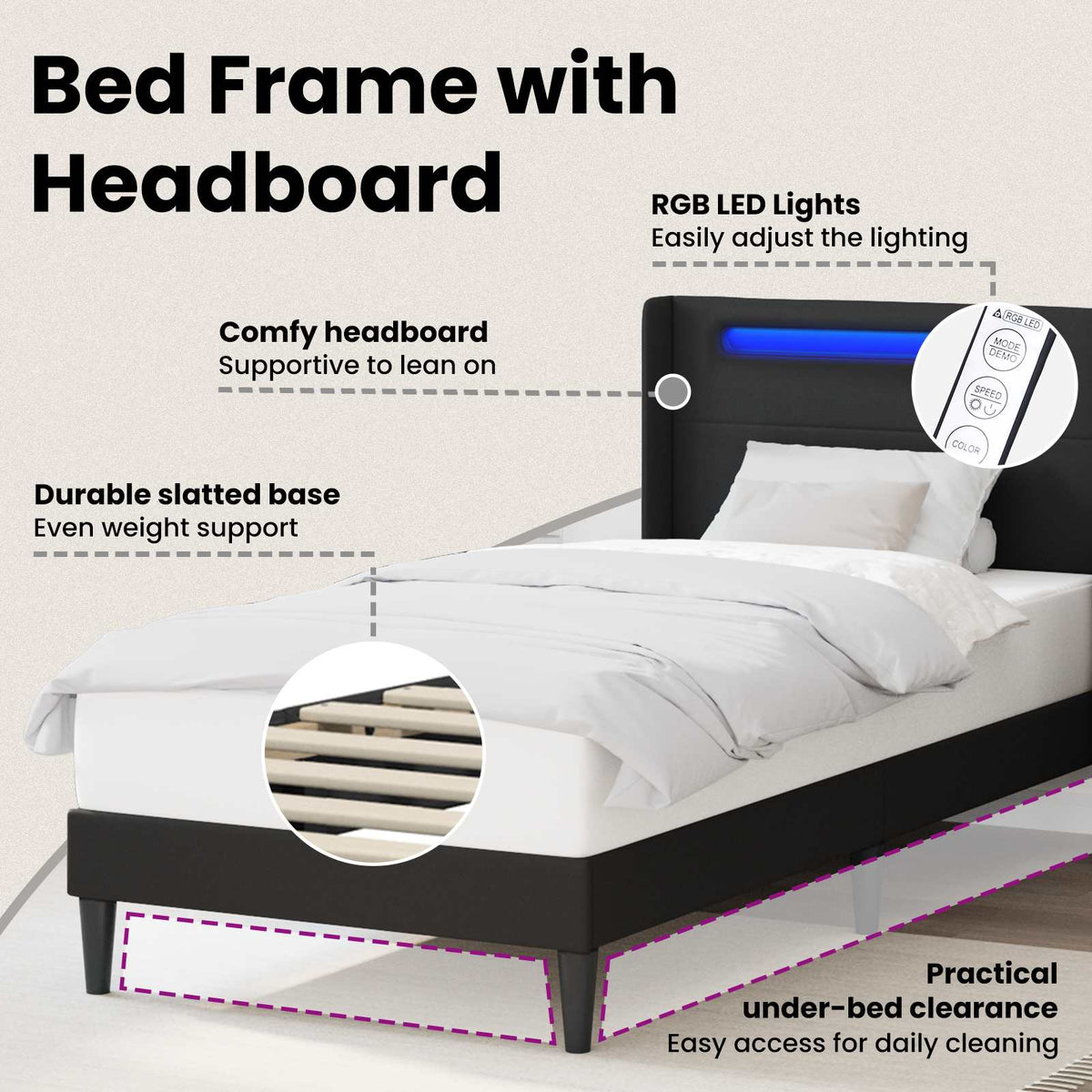 Bed Frame with LED Strip Lights Black 107 x 203 cm Faux Leather