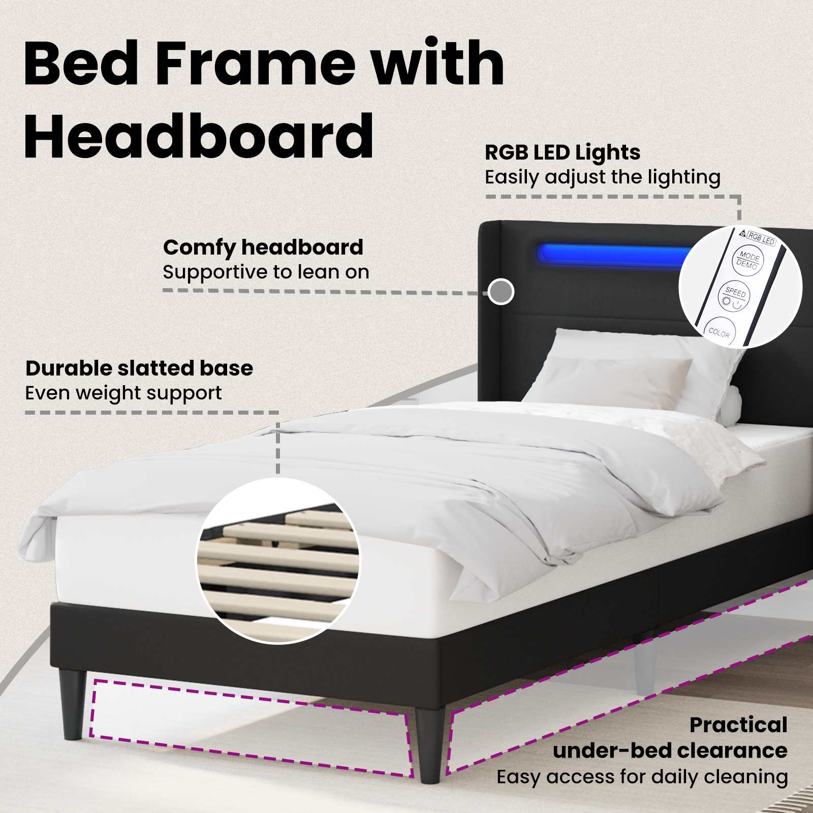 Bed Frame with LED Strip Lights Black 107 x 203 cm Faux Leather