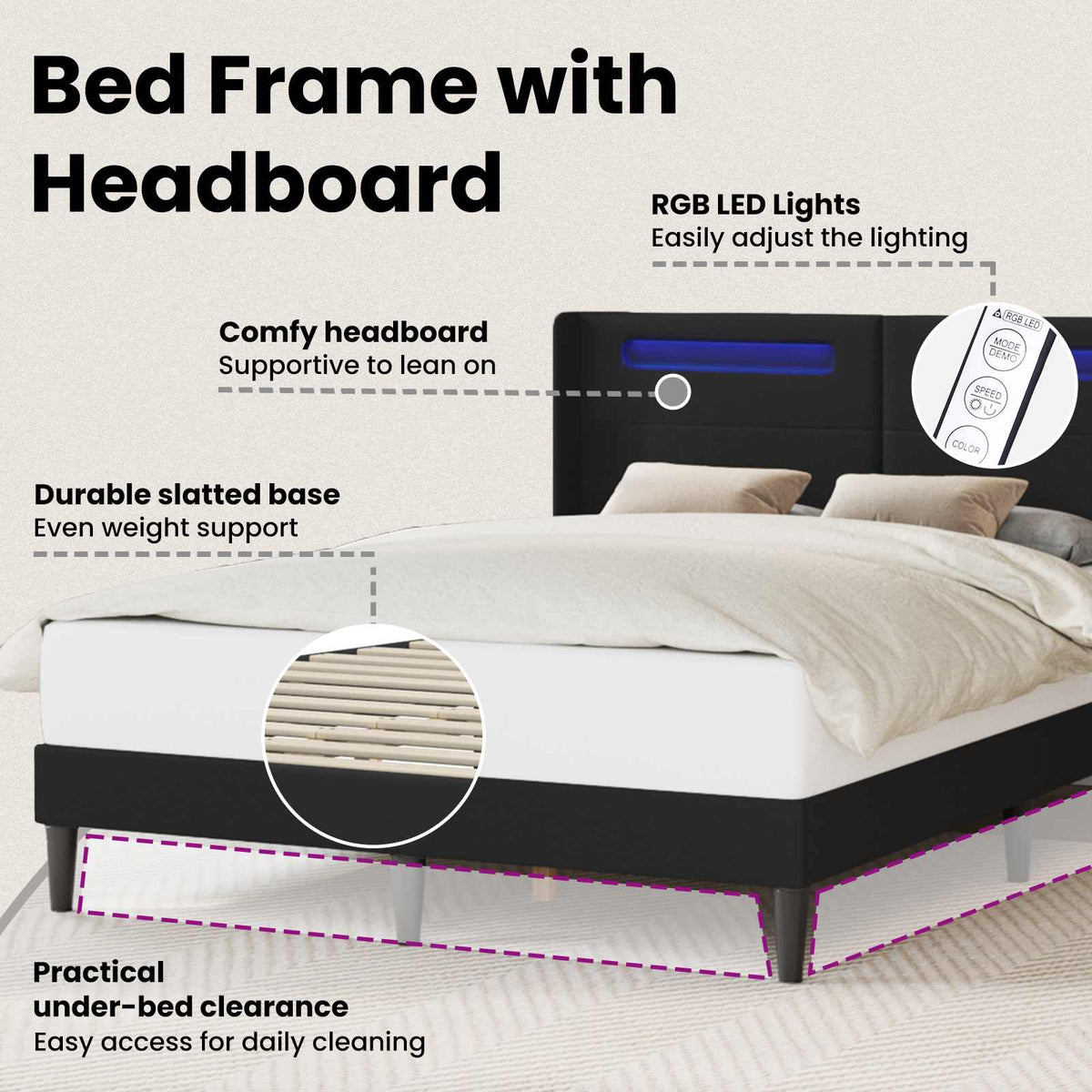 Bed Frame with LED Strip Lights Black 137 x 190 cm Faux Leather