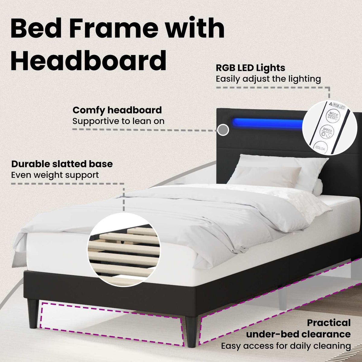 Bed Frame with LED Strip Lights Black 90 x 190 cm Faux Leather