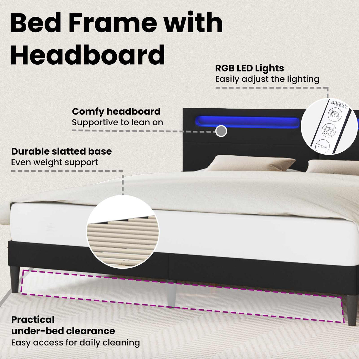Bed Frame with LED Strip Lights Black 180 x 200 cm Faux Leather