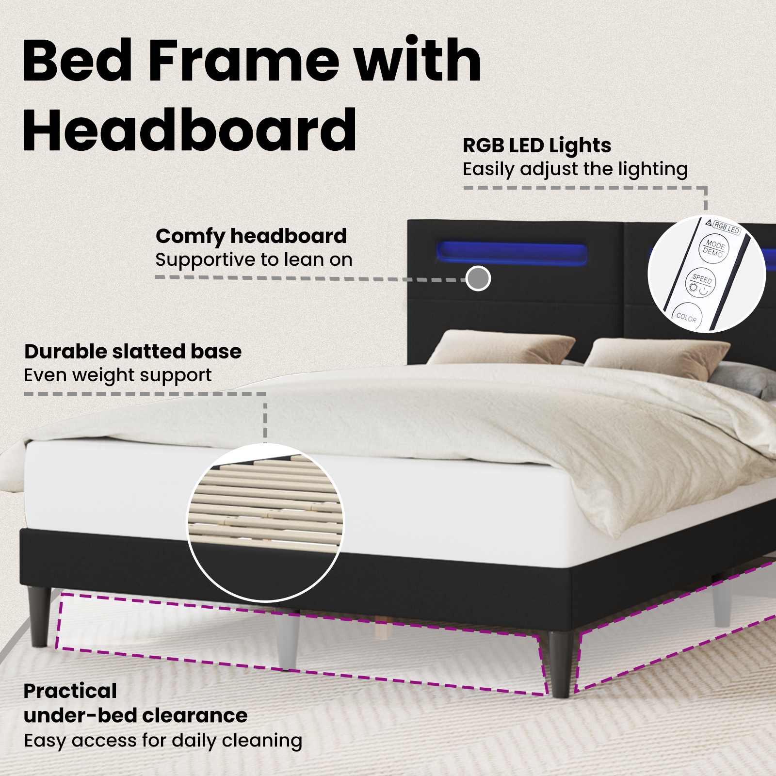 Bed Frame with LED Strip Lights Black 153 x 203 cm Faux Leather
