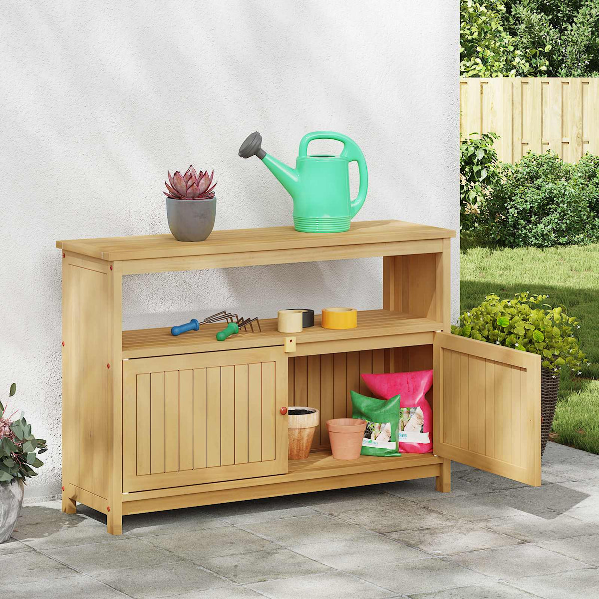 Garden Console Table with Storage Light acacia 110 x 35 x 75 cm