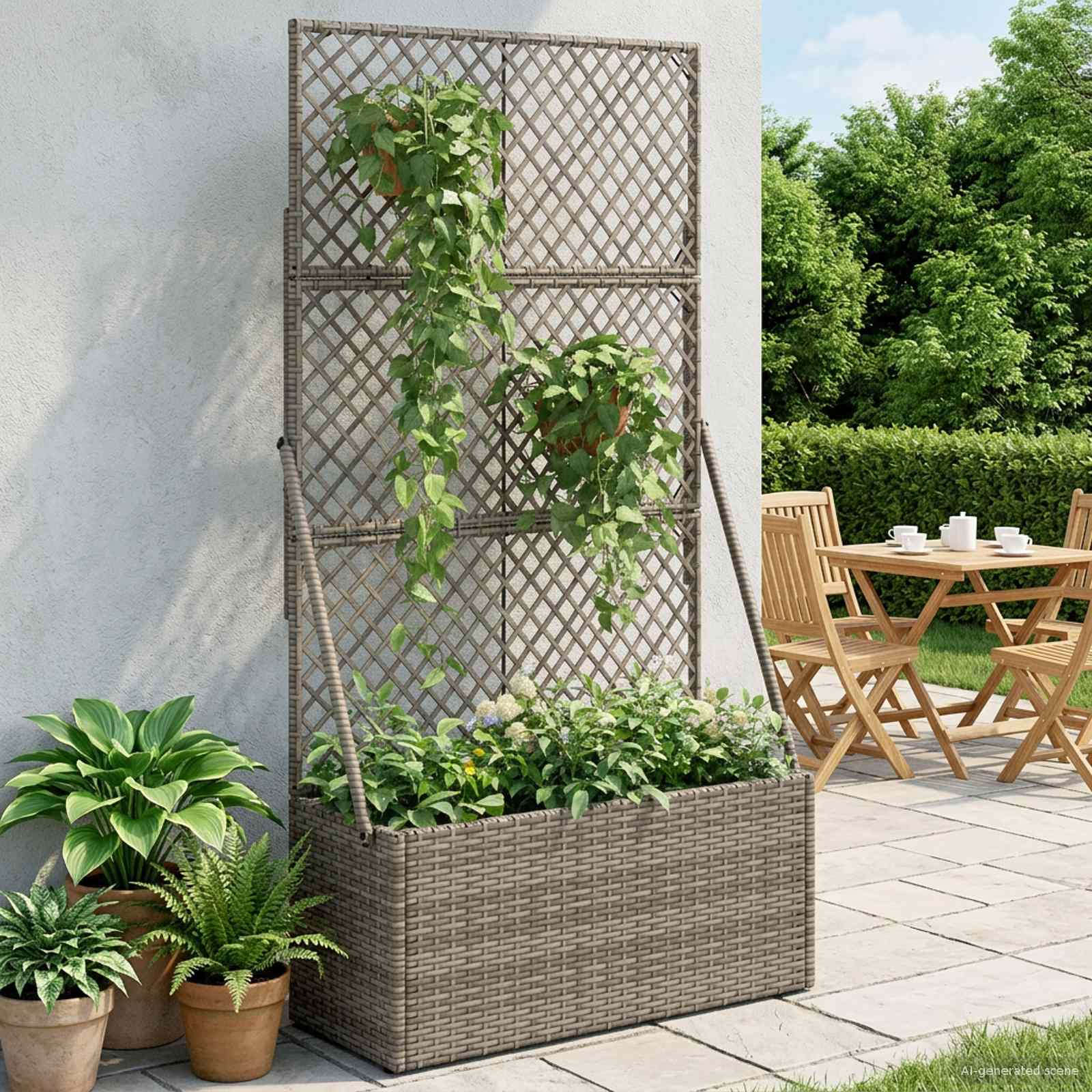 Garden Planter with Trellis Grey 70 x 30 x 135 cm Poly Rattan
