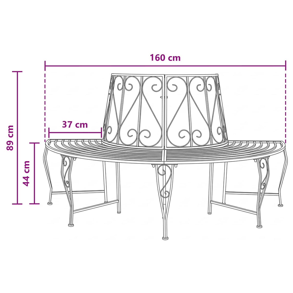 Tree Bench 4-Seater 160 x 80 x 89 cm Steel Black Half-round