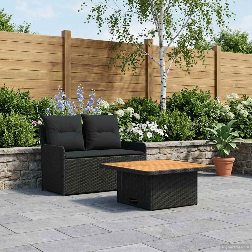 Garden Armrest Sofa with Liftup Table 2 Piece Black PE Rattan