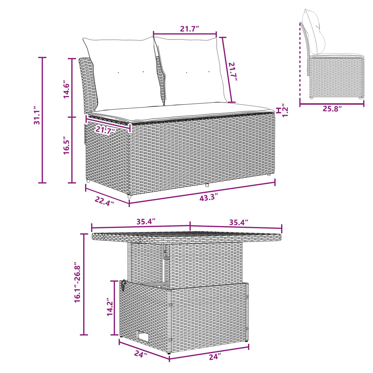 2 Piece Garden middle sofa with lift-up table Poly Rattan Black
