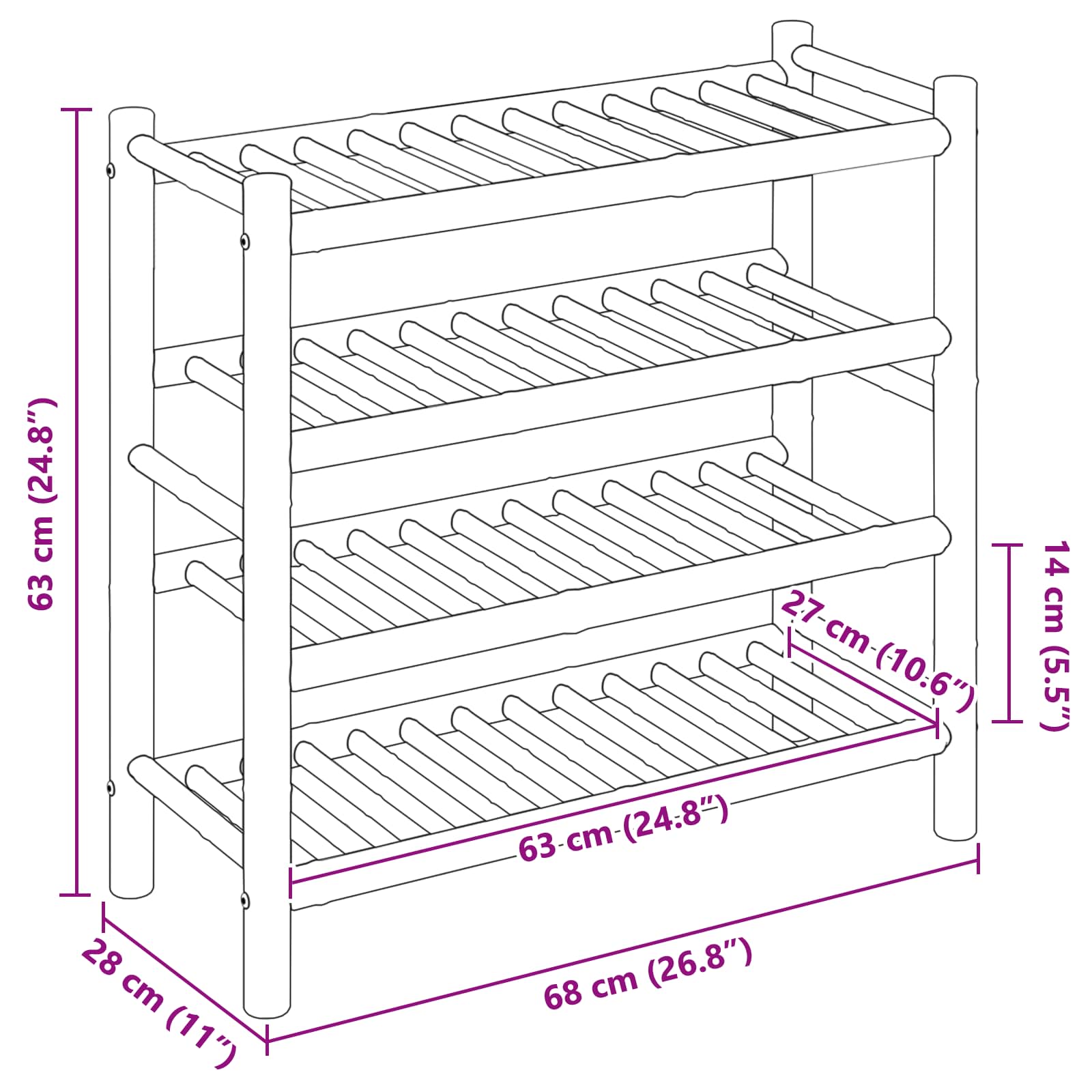 Shoe Rack with Shelf Natural 68 x 28 x 63 cm Bamboo