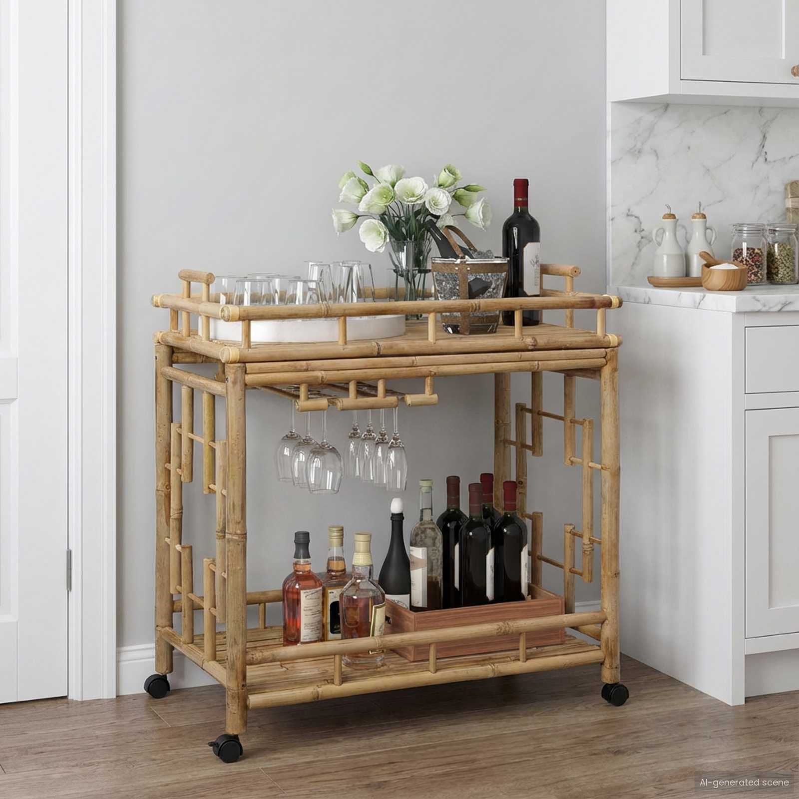 Wine Trolley with Wheels Natural 85 x 50 x 93 cm Bamboo