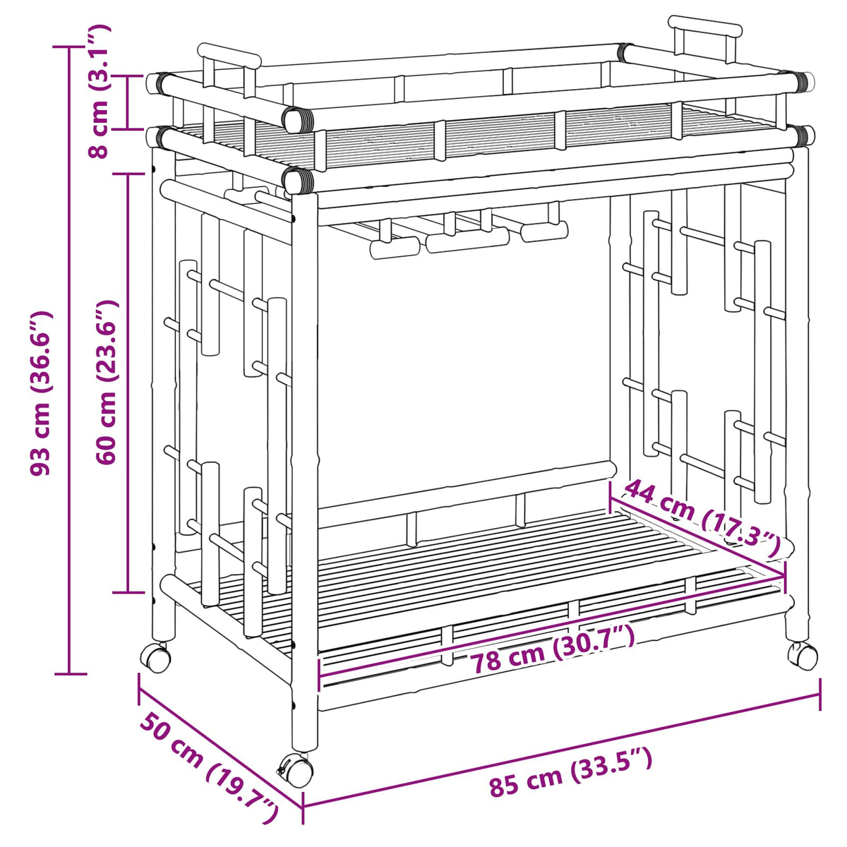 Wine Trolley with Wheels Natural 85 x 50 x 93 cm Bamboo