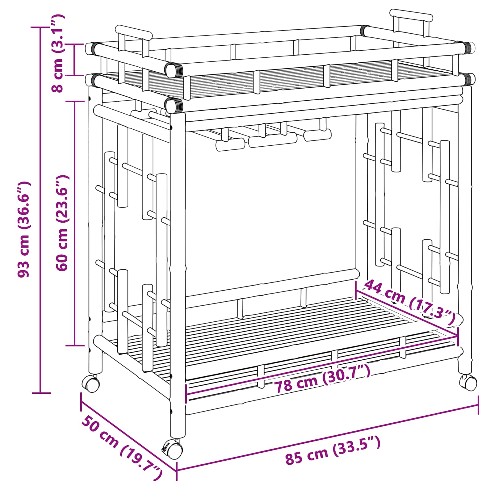 Wine Trolley with Wheels Natural 85 x 50 x 93 cm Bamboo