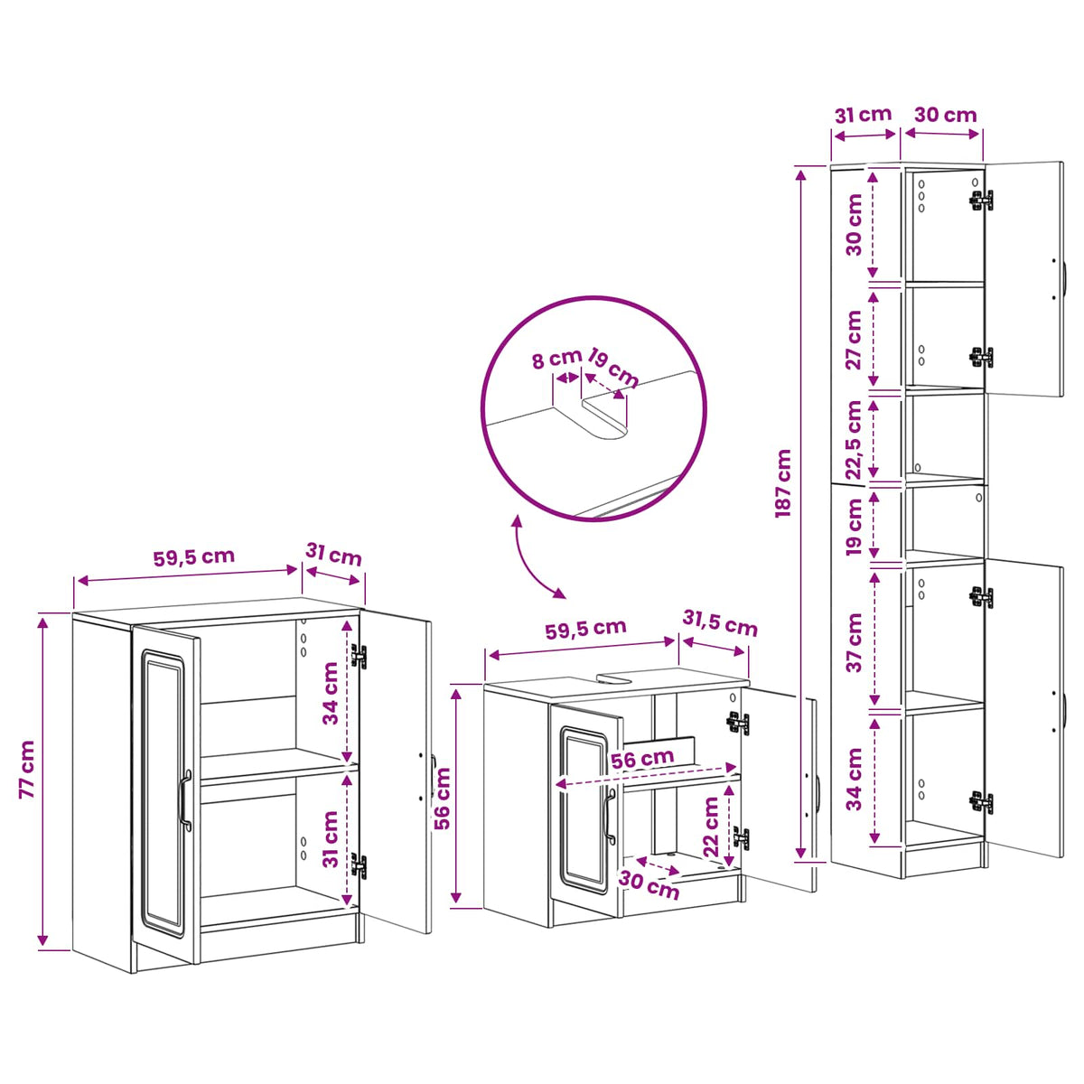 3 Piece Bathroom Cabinet Set UTRECHT White Engineered Wood