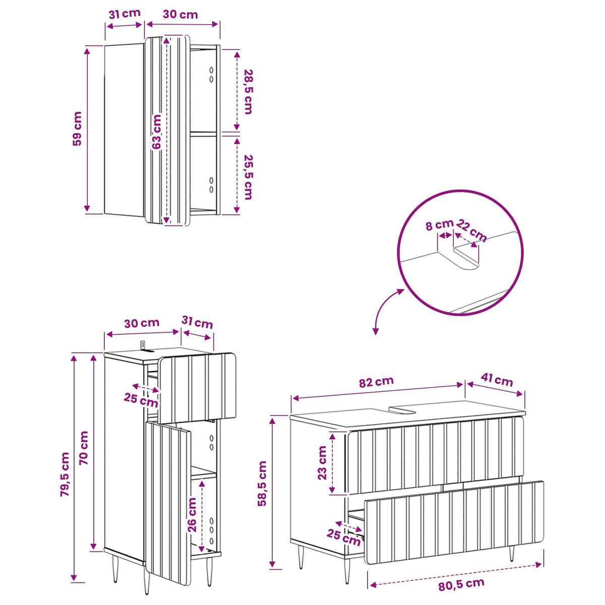 3 Piece Bathroom Cabinet Set ZWOLLE White Engineered Wood