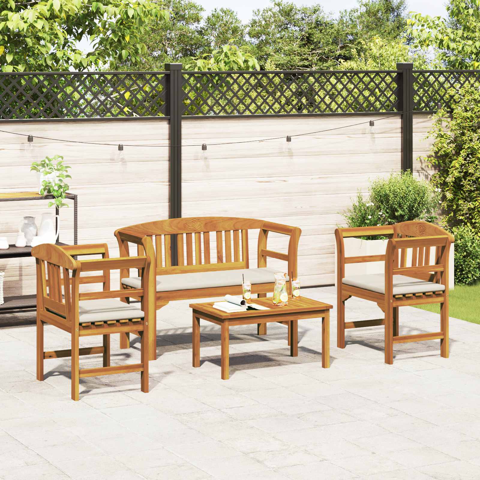 Furniture Set with Cushion 4 pcs Natural Solid Acacia Wood