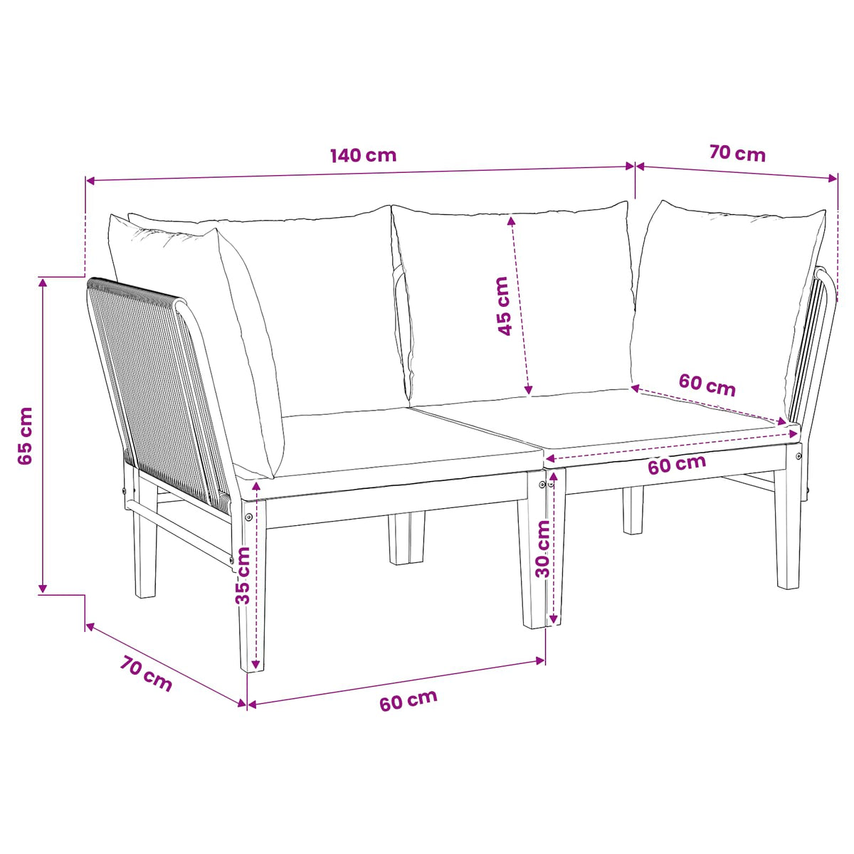 2 pcs Garden Lounge Set Solid Acacia Wood & Rope Natural