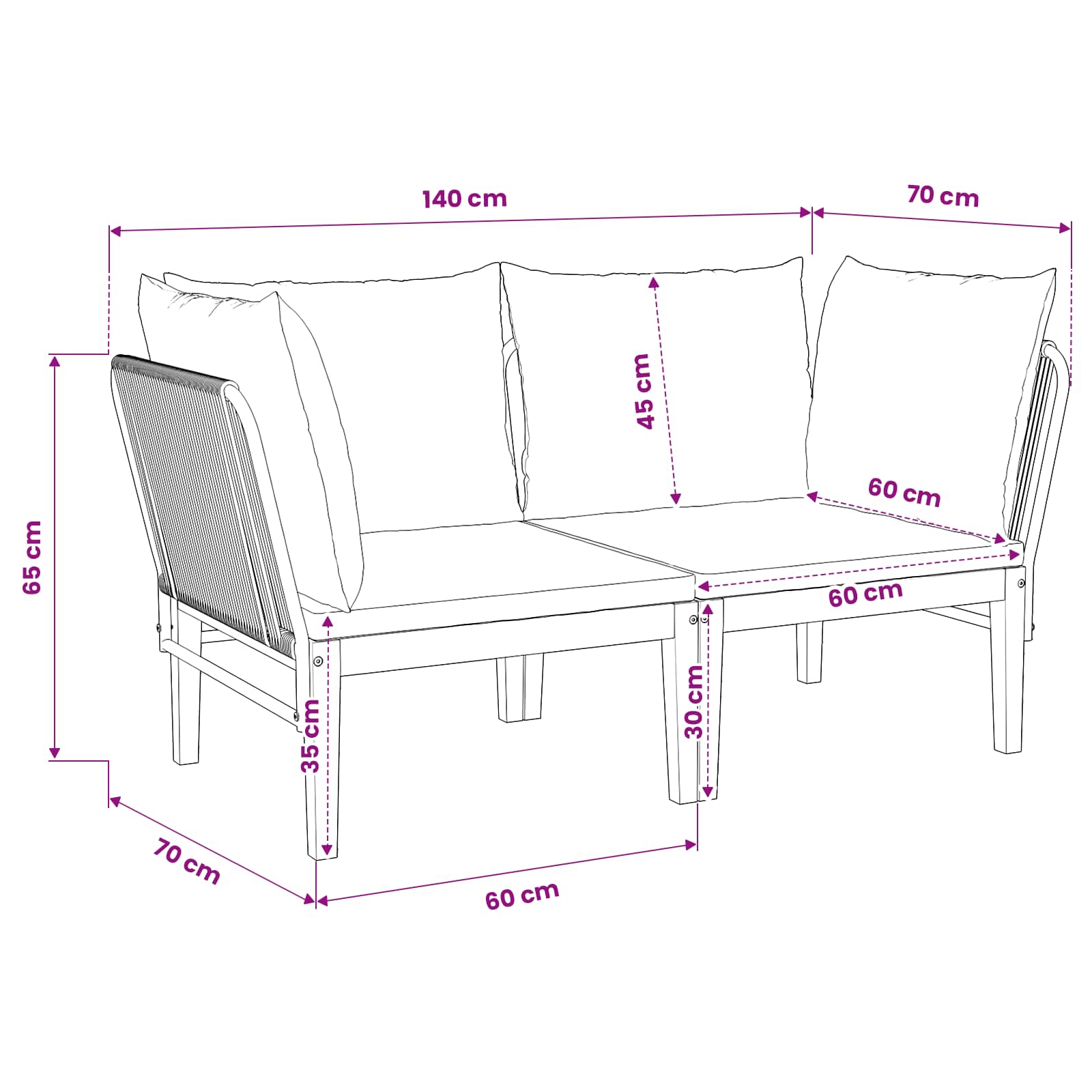 2 pcs Garden Lounge Set Solid Acacia Wood & Rope Natural