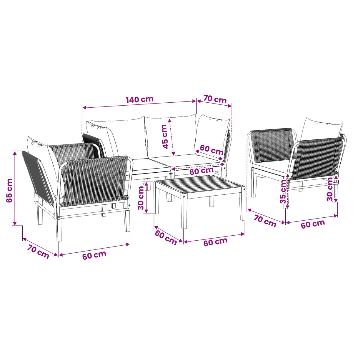 5 pcs Garden Lounge Set Solid Acacia Wood & Rope Natural