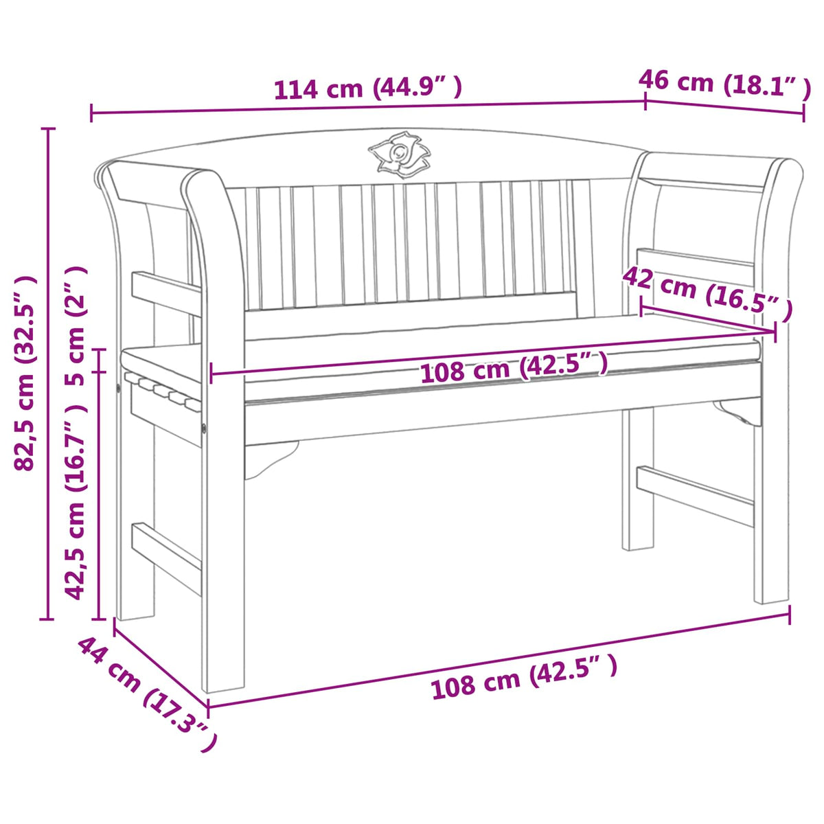 Rose Bench Natural 114 x 46 x 82.5 cm Solid Acacia Wood