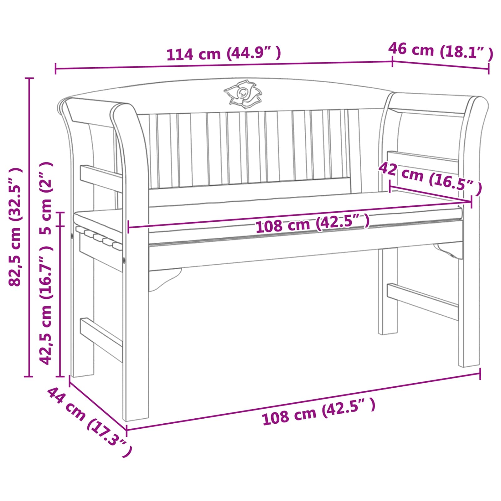 Rose Bench Natural 114 x 46 x 82.5 cm Solid Acacia Wood