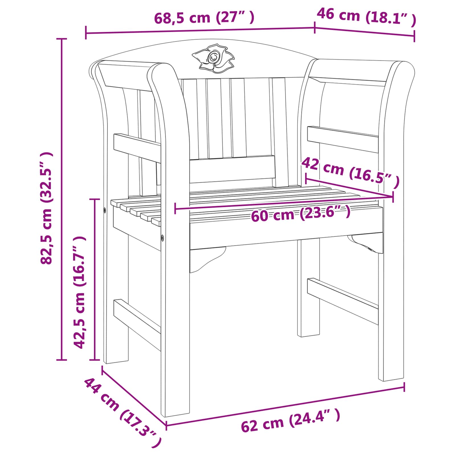 Rose Bench Natural 68.5 x 46 x 82.5 cm Solid Acacia Wood