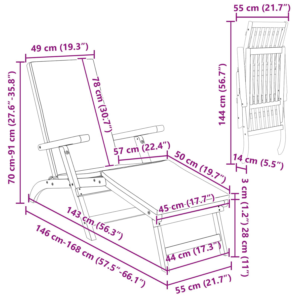 Reclining and Folding Sunlounger 2 pcs 55 x 146 x 91 cm
