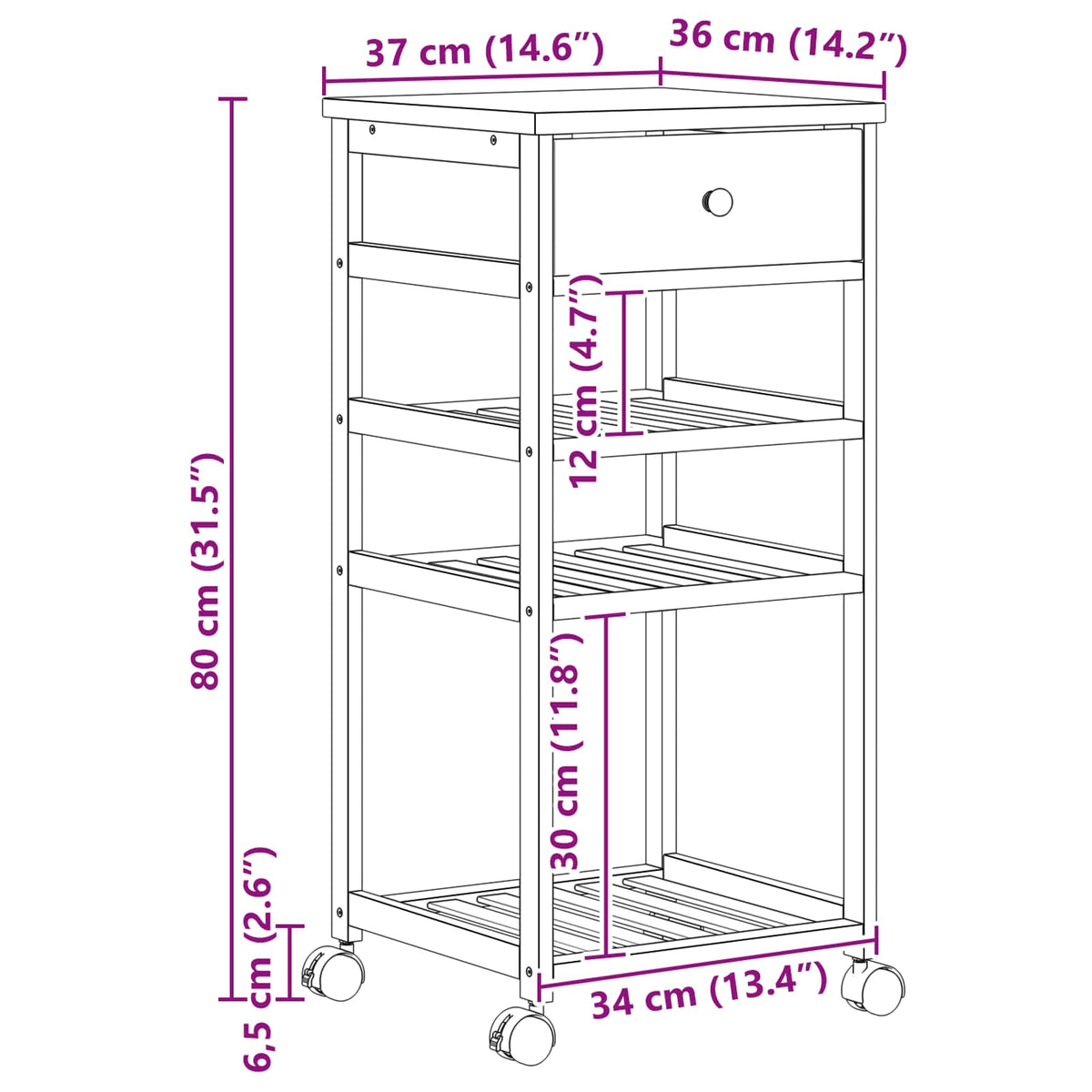 Kitchen Trolley with Wheels Natural 37 x 36 x 80 cm Bamboo