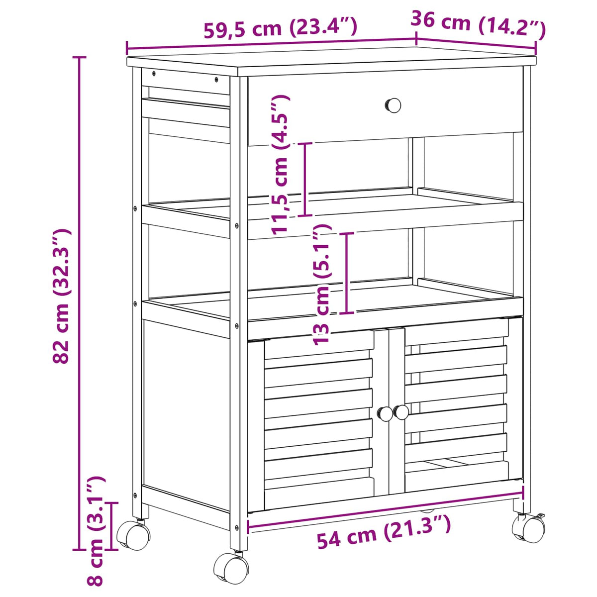 Kitchen Trolley with Wheels Natural 59.5 x 36 x 82 cm Bamboo