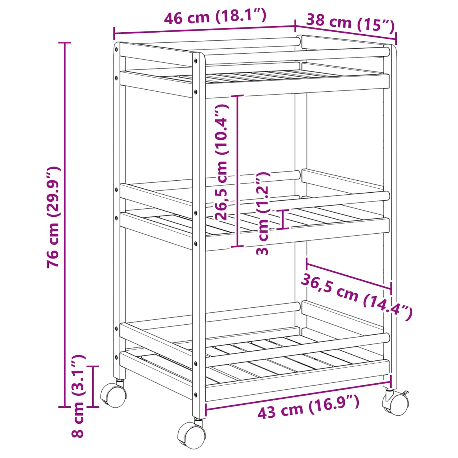 Kitchen Trolley with Wheels Natural 46 x 38 x 76 cm Bamboo