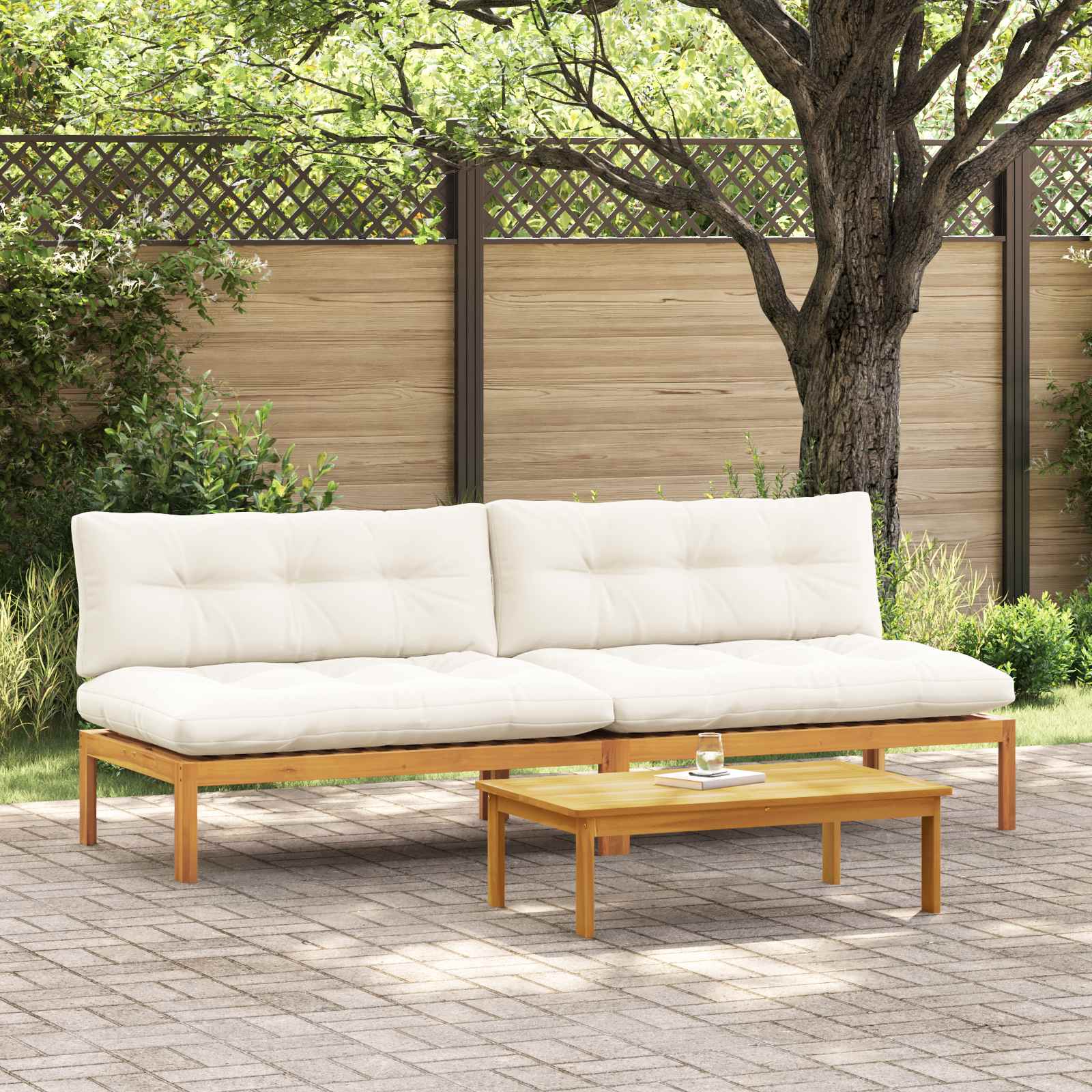 Middle Sofa Unit 2 Piece Natural and Cream White Acacia Wood
