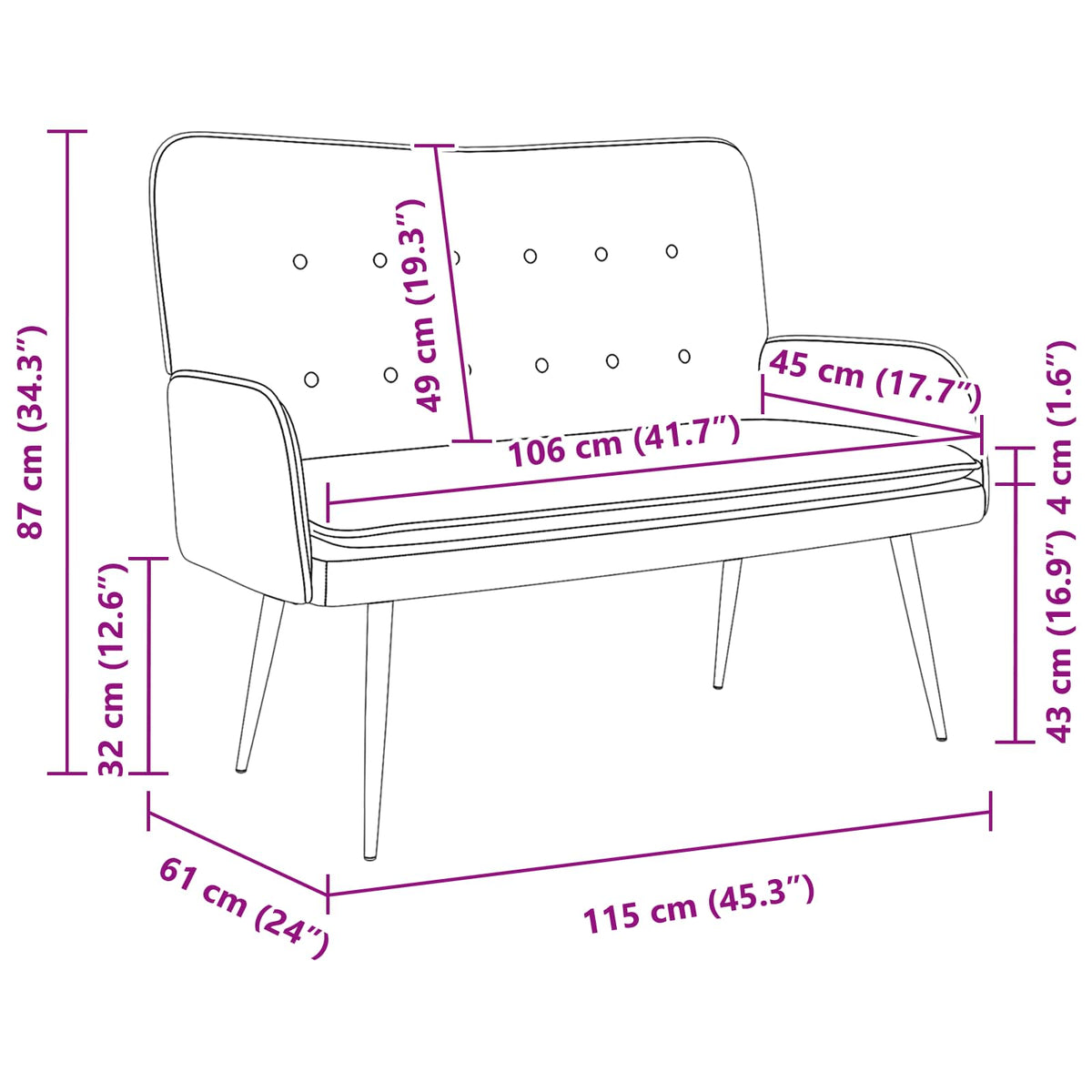 2-Seater Sofa Dark Grey 115 x 61 x 87 cm Fabric