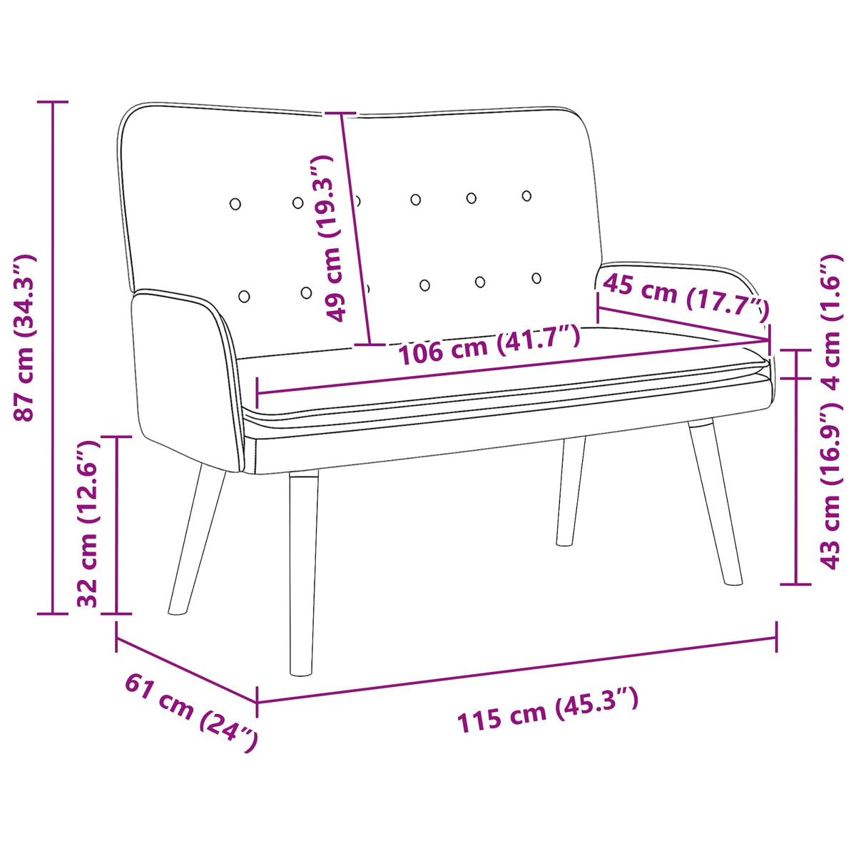 2-Seater Sofa Black 115 x 61 x 87 cm Velvet