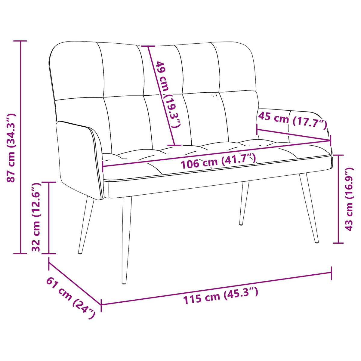 2-Seater Sofa Dark Grey 115 x 61 x 87 cm Fabric