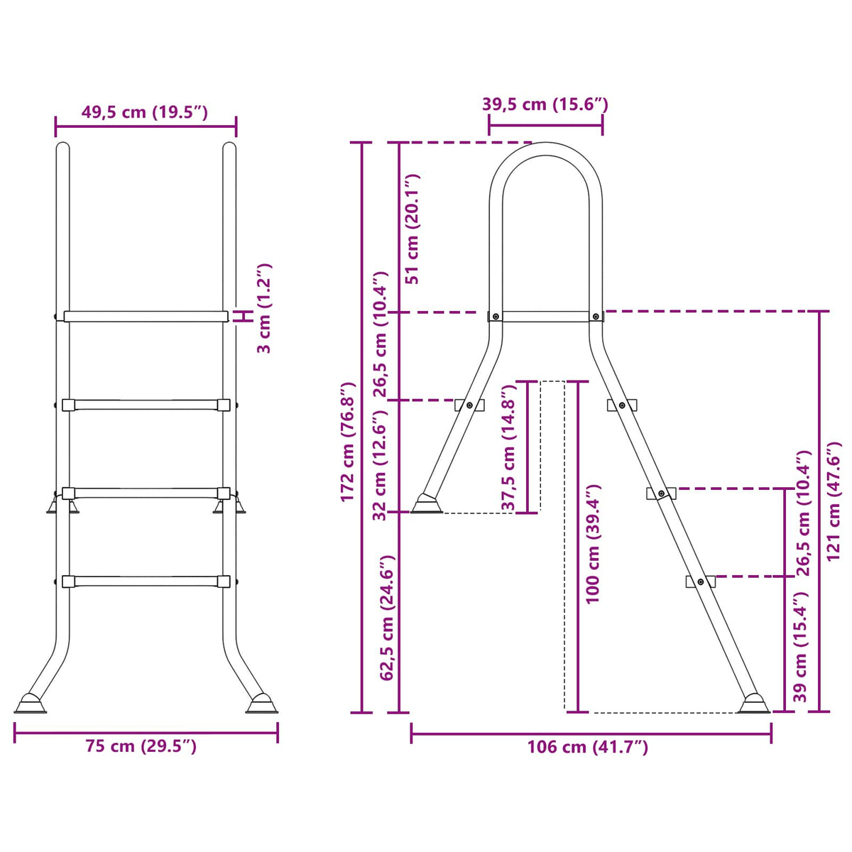 Partially in-ground pool ladder 172 x 106 cm 3-Step