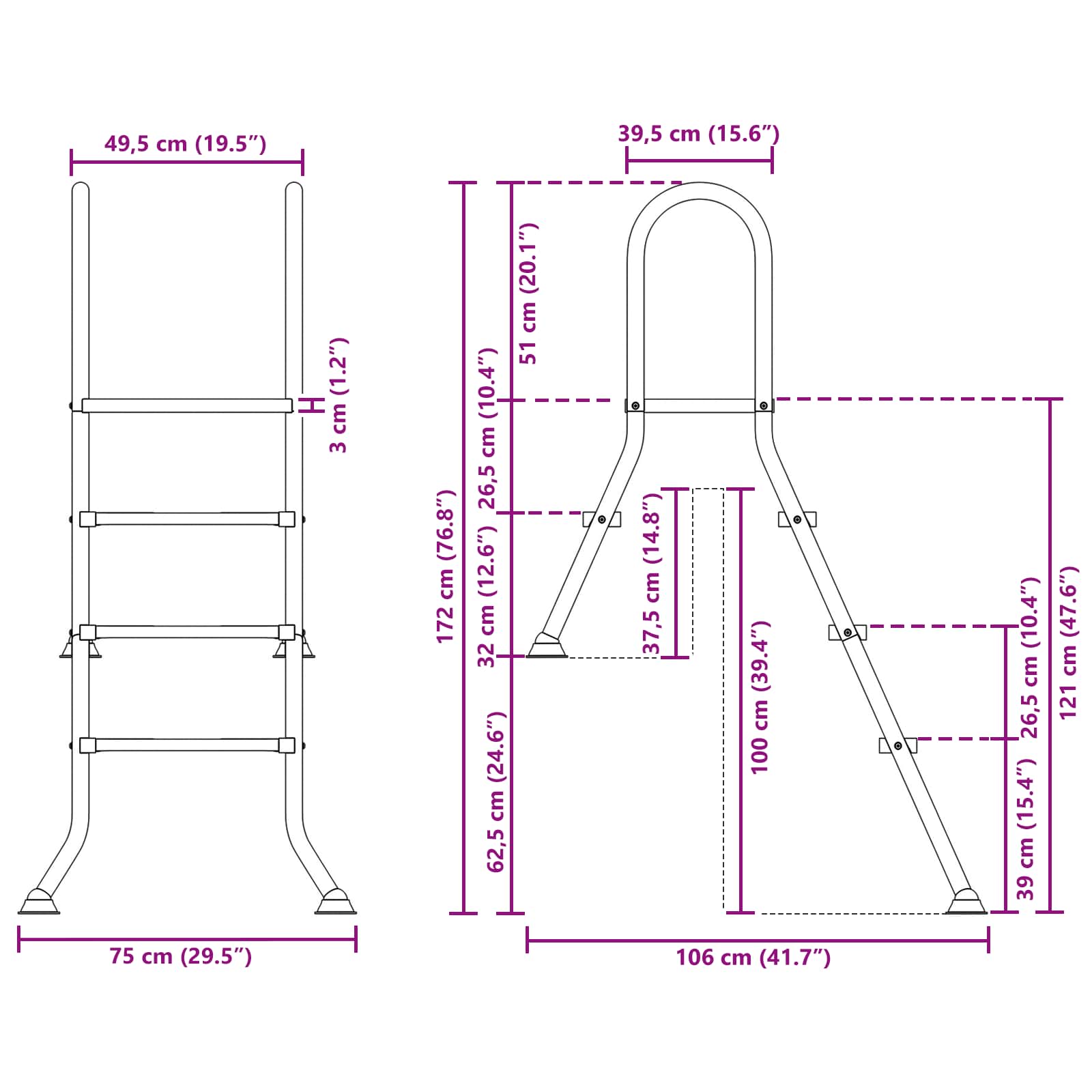 Partially in-ground pool ladder 172 x 106 cm 3-Step
