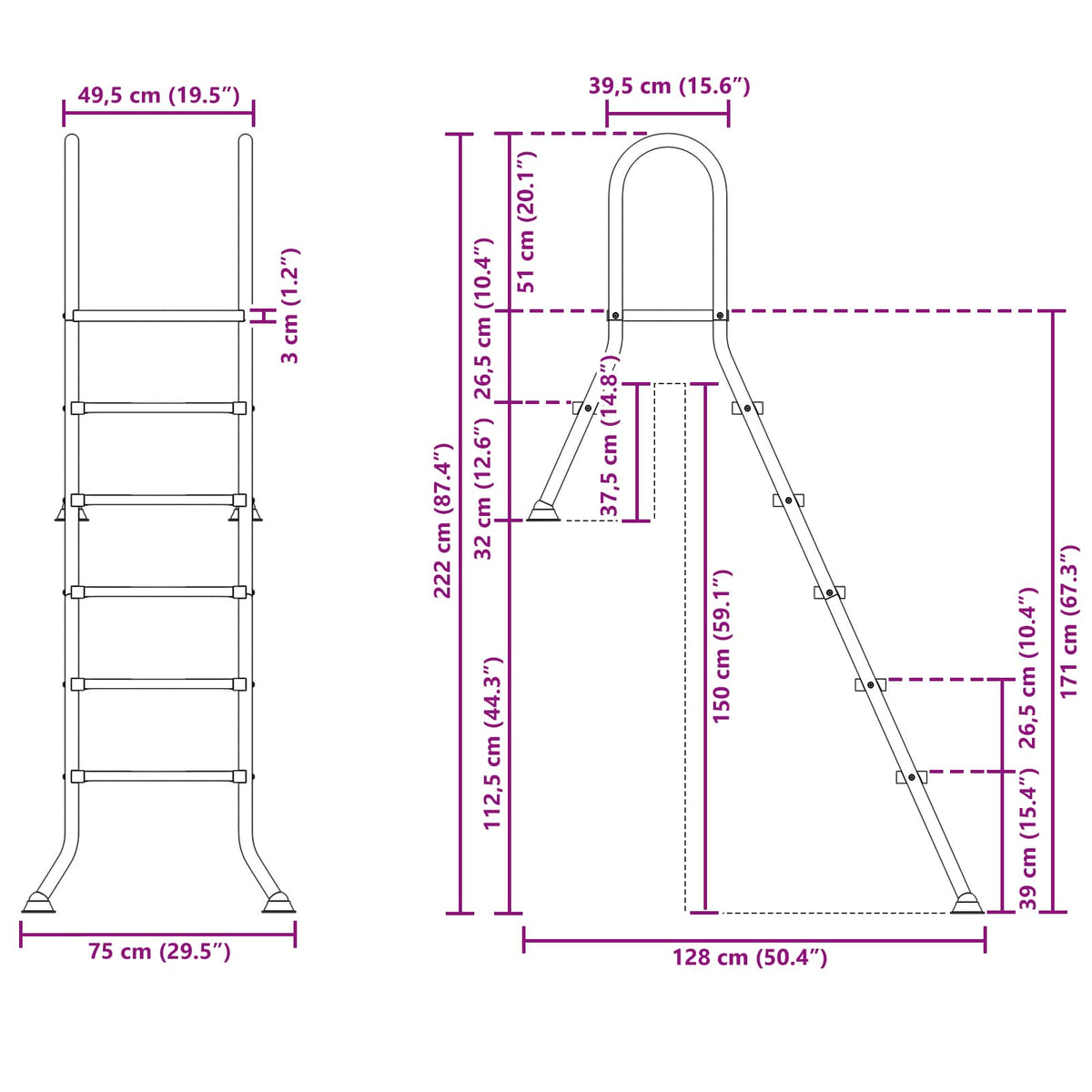 Partially in-ground pool ladder 222 x 128 cm 5-Step