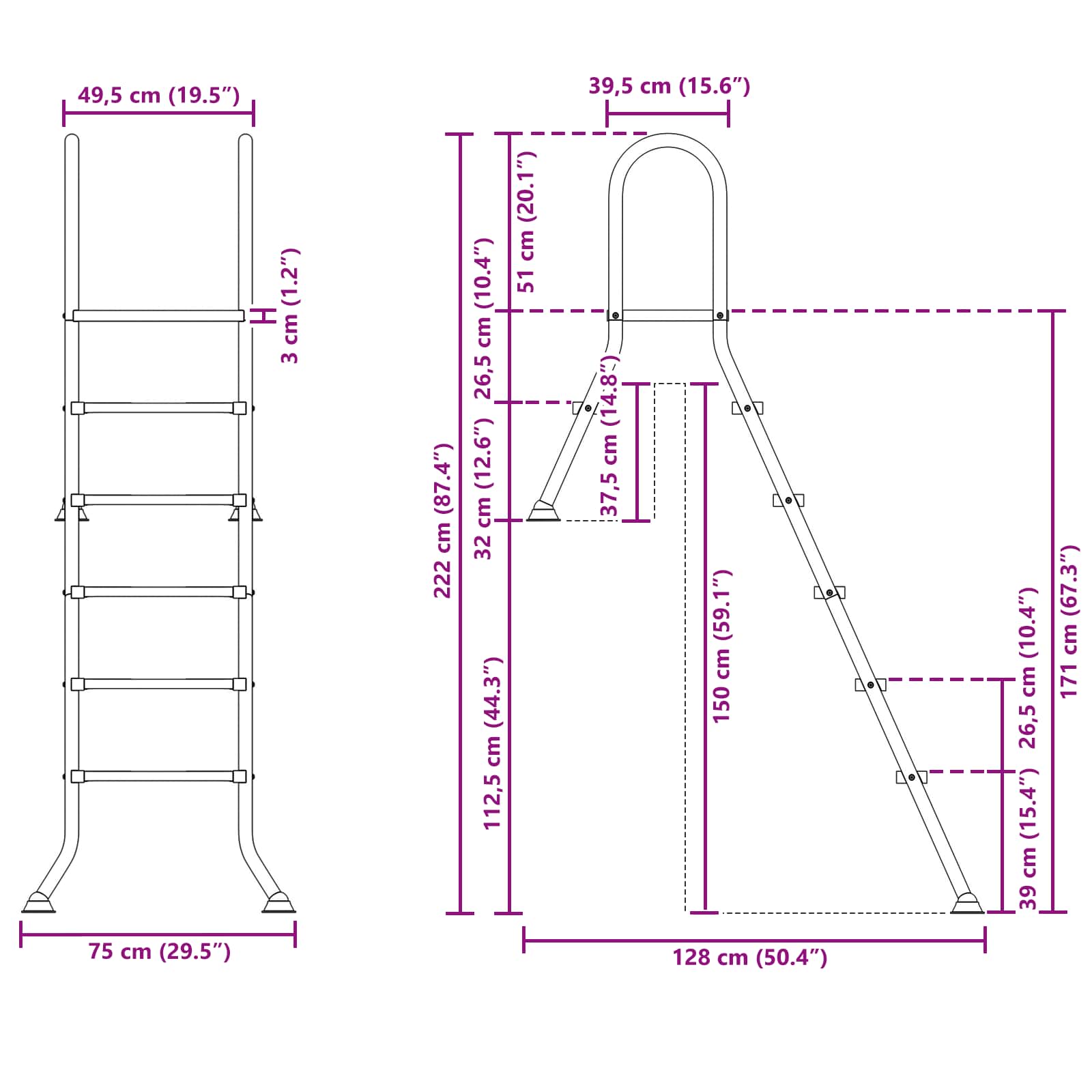 Partially in-ground pool ladder 222 x 128 cm 5-Step
