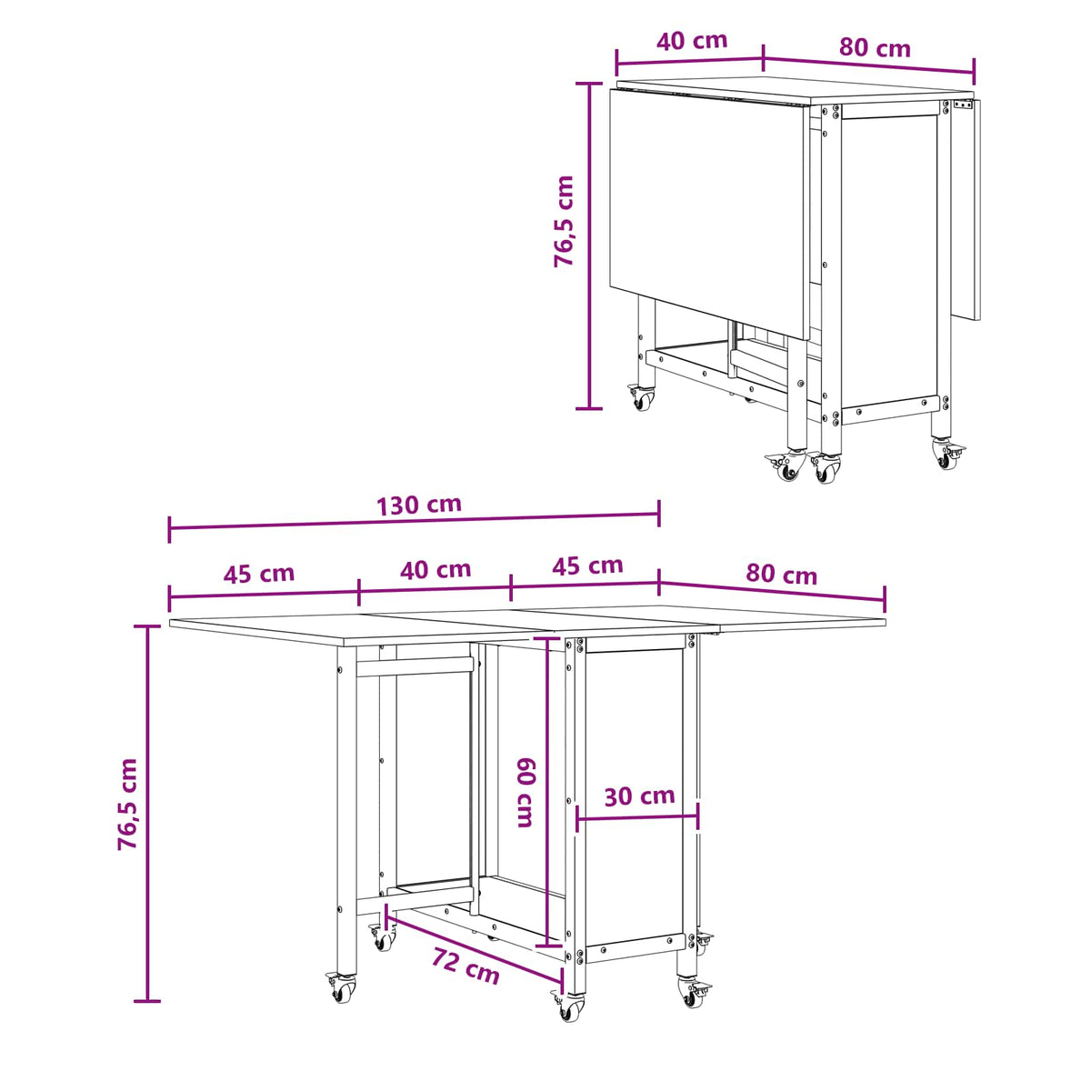 Folding dining table with castors 130 x 80 x 76.5 cm