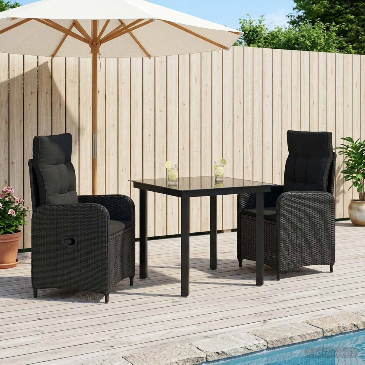 Sofa Table Set 3 pcs Black PE Rattan and Powder-Coated Steel