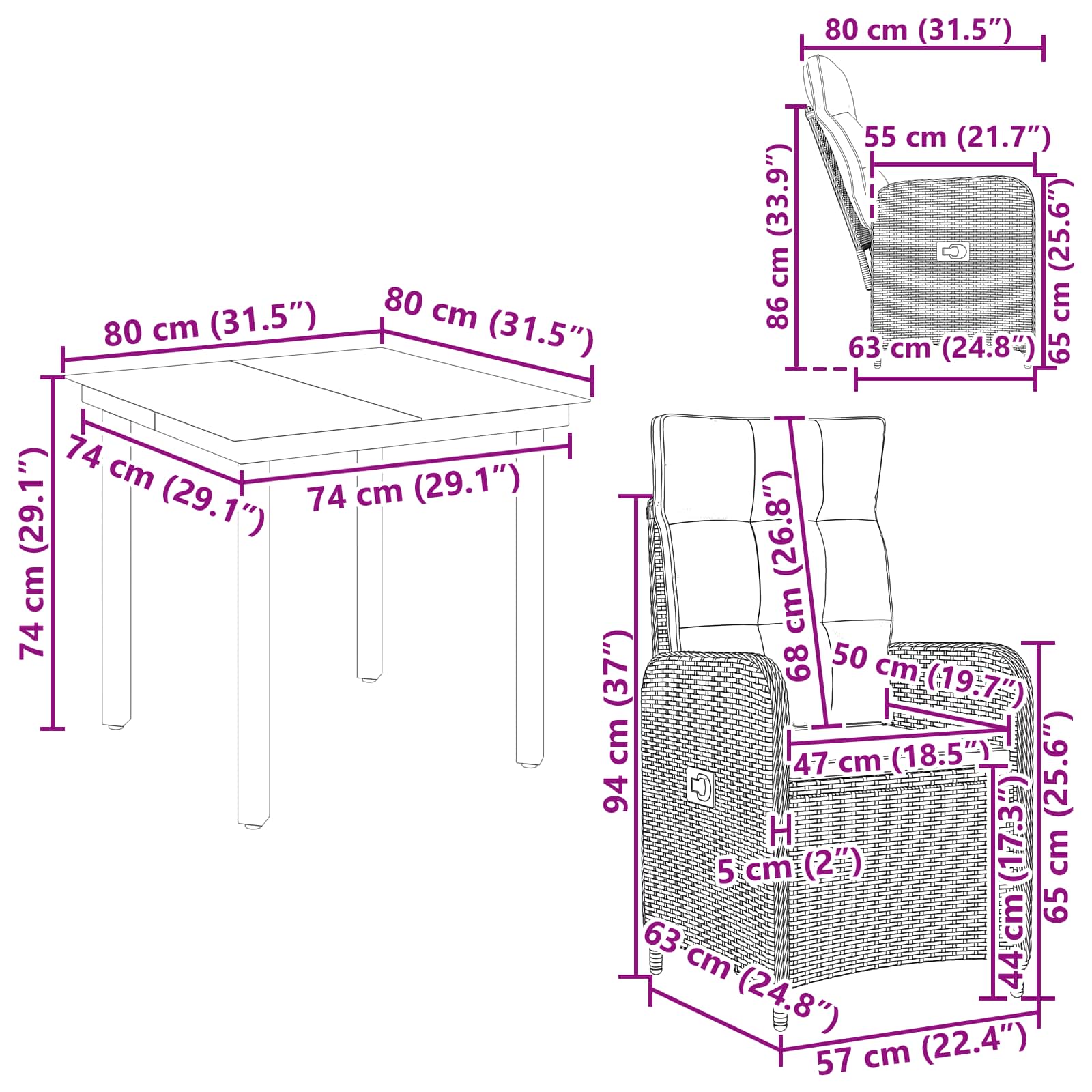 Sofa Table Set 3 pcs Black PE Rattan and Powder-Coated Steel