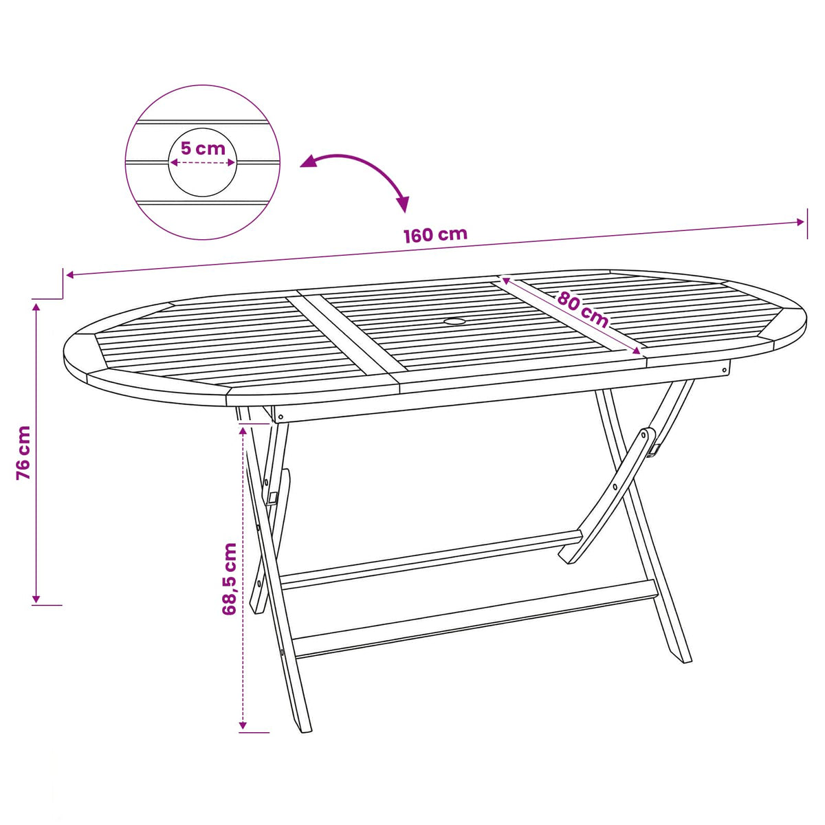 Folding Garden Table Natural 160 x 80 x 76 cm Solid Teak Wood