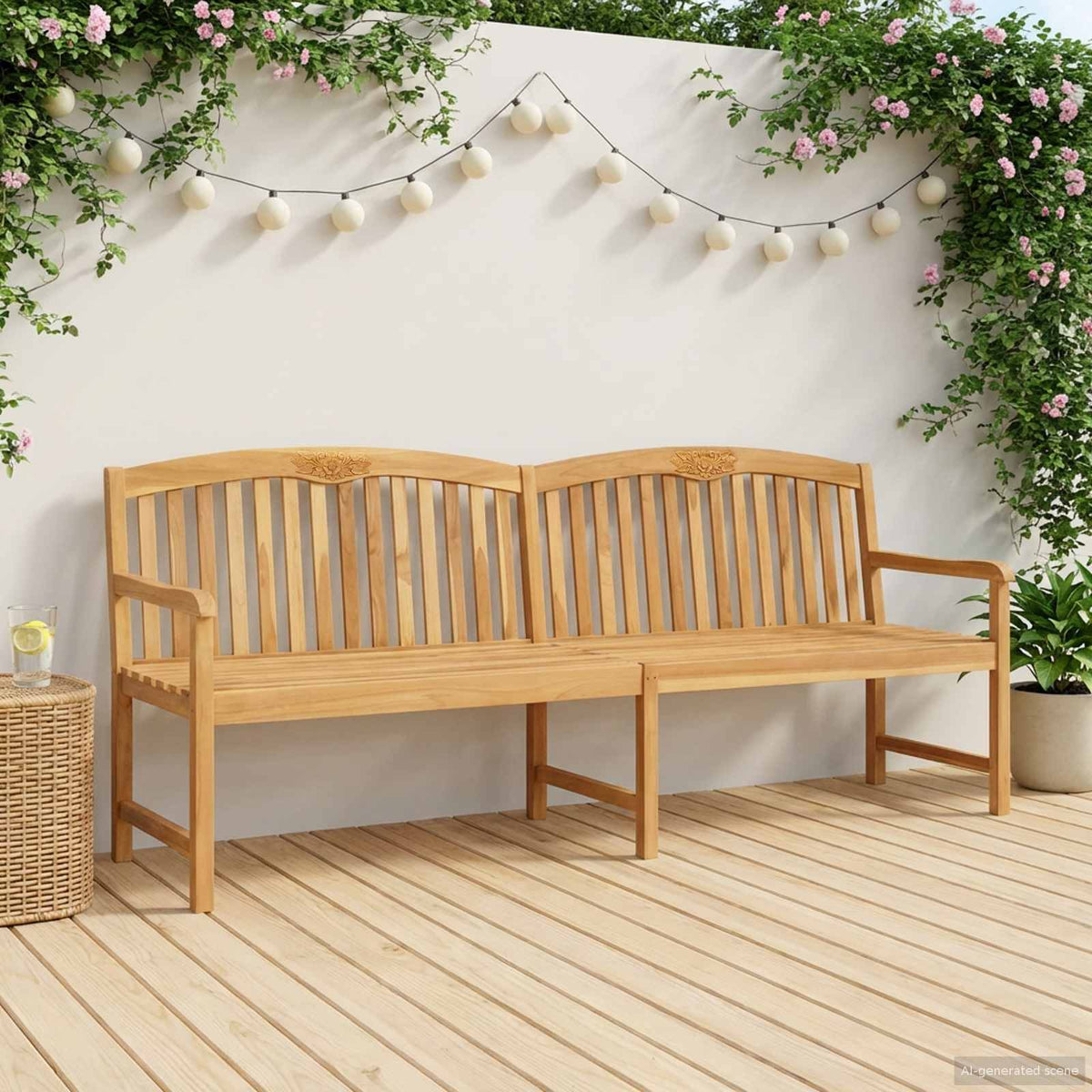 Handcarved Rose Bench Natural 228 x 60 x 90 cm Solid Teak Wood