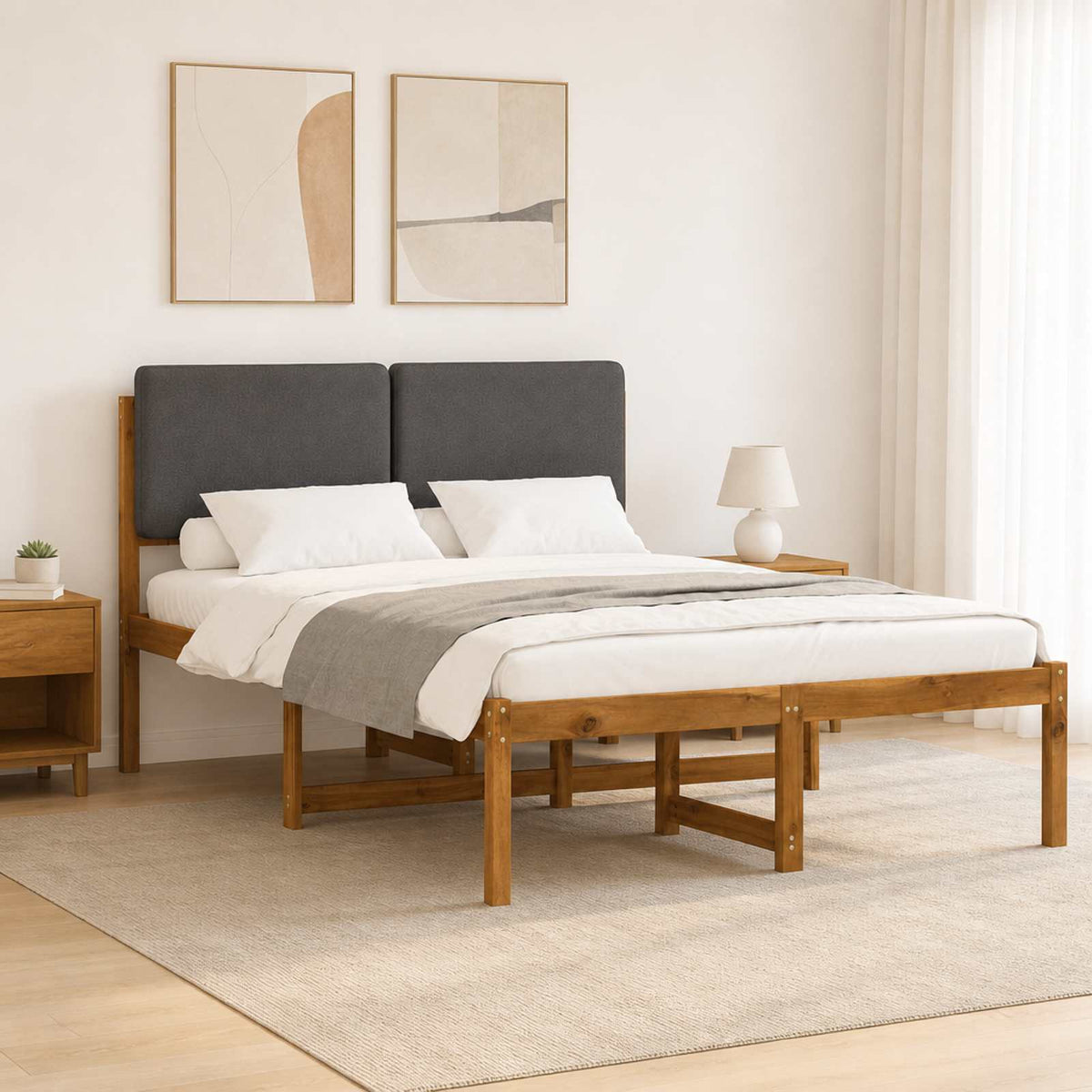Bed Frame with Upholstered Headboard Natural and Dark Grey