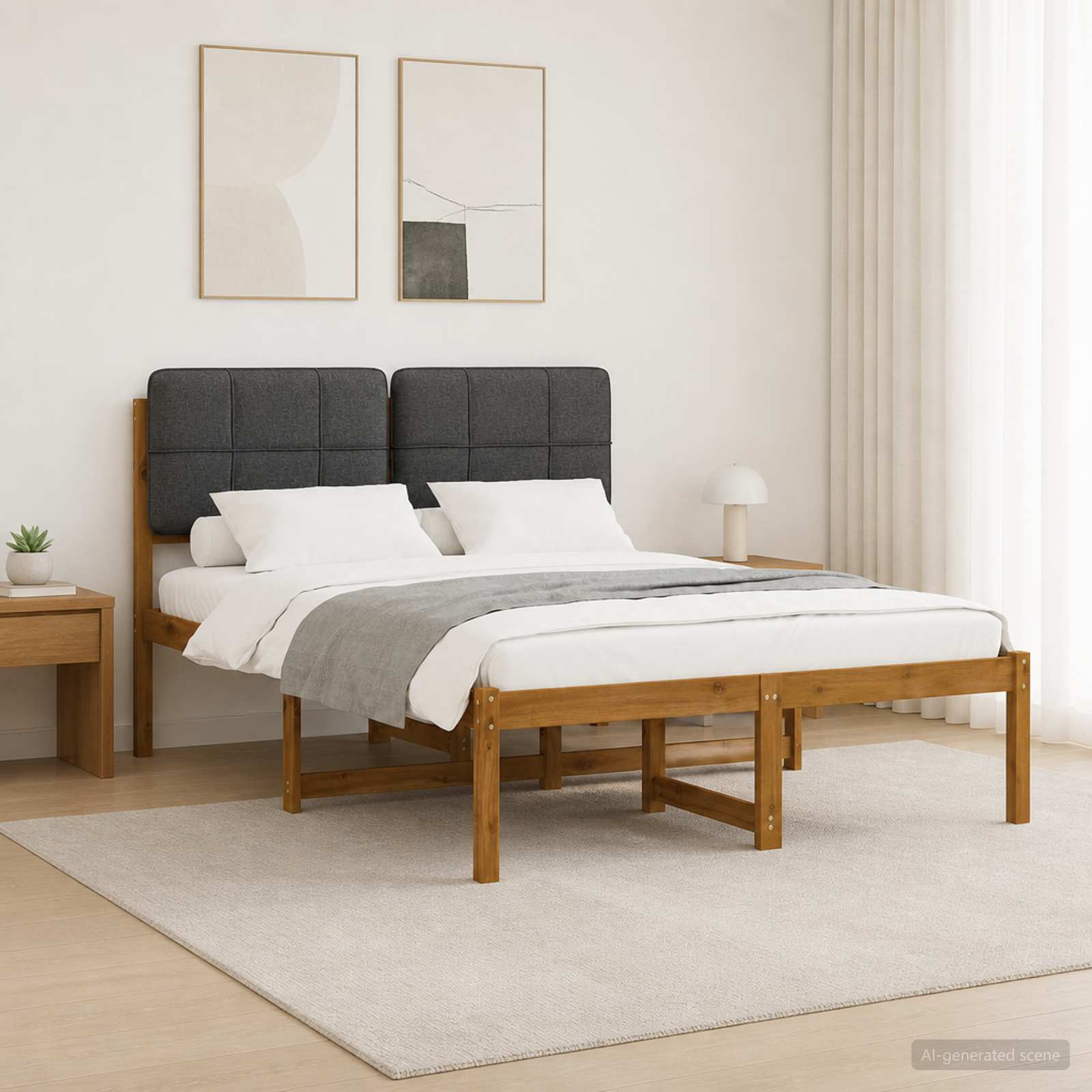 Bed Frame with Upholstered Headboard Natural and Dark Grey